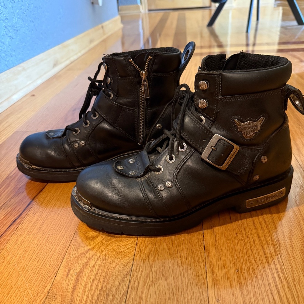 Men's Harley-Davidson Buckle Biker Black Leather Boots - Size 11 Pre-Owned